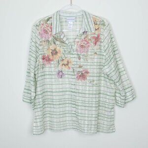 Alfred Dunner Womens Sheer Floral Striped Button Down Tunic Size XL 3/4 Sleeve‎